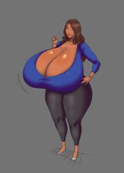 Rule 34 | 1girl, blue eyes, blue nails, blue sweater, bracelet, breasts, brown hair, cleavage, collarbone, curvy, dark-skinned female, dark skin, female focus, franktonius, gigantic breasts, hand on own hip, highres, jewelry, lipstick, long hair, looking at viewer, makeup, mole, mole on breast, original, pants, shiny skin, solo, sweater, taut clothes, yoga pants