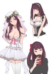 Rule 34 | 1girl, absurdres, alternate costume, bare shoulders, blunt bangs, blush, breasts, bridal veil, bride, choker, cleavage, coffee cup, corset, cropped arms, cropped torso, cup, danxing aipangzi, disposable cup, dress, forehead, garter straps, girls&#039; frontline, head tilt, highres, lace, lace choker, large breasts, long hair, looking away, maid, multiple views, nose blush, purple hair, red eyes, sidelocks, strapless, strapless dress, veil, wa2000 (girls&#039; frontline), wedding dress, white background, white legwear