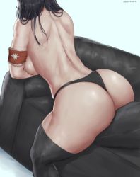 Rule 34 | 1girl, arm strap, arm support, artist name, ass, back, backboob, bad id, bad pixiv id, black hair, black panties, black thighhighs, breasts, couch, crossed arms, dutch angle, from behind, hair over shoulder, highres, huge ass, long hair, medium breasts, on couch, on pillow, oroborus, panties, pieck finger, shingeki no kyojin, shiny clothes, shiny skin, simple background, solo, thick thighs, thighhighs, thighs, thong, toned, topless, underwear, white background