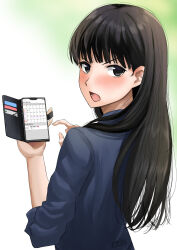 Rule 34 | 1girl, amagami, ayatsuji tsukasa, black eyes, black hair, blue shirt, blush, calendar (object), cellphone, from behind, highres, holding, holding phone, long hair, looking at viewer, looking back, mori heichi, open mouth, partially translated, phone, shirt, signature, smartphone, solo, straight hair, translation request