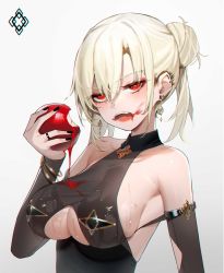 Rule 34 | 1girl, absurdres, apple, bare shoulders, black nails, blood, blood from mouth, bracelet, breasts, cleavage, cleavage cutout, clothing cutout, ear piercing, earrings, eating, eiroyi, eyes visible through hair, food, food bite, fruit, gradient background, hair between eyes, hair bun, highres, holding, holding food, holding fruit, jewelry, large breasts, long hair, long sleeves, looking at viewer, nail polish, open mouth, original, piercing, platinum blonde hair, red eyes, ring, simple background, single hair bun, solo, upper body, wet, white background