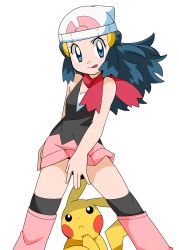 Rule 34 | 1girl, :p, absurdres, beanie, blue eyes, blue hair, blush, covering privates, covering crotch, creatures (company), dawn (pokemon), game freak, gen 1 pokemon, hainchu, hat, highres, looking at viewer, looking up, matching hair/eyes, nintendo, pikachu, pokemon, pokemon (anime), pokemon (creature), red scarf, scarf, simple background, skirt, tongue, tongue out, white background