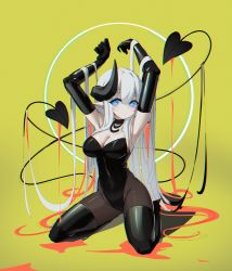Rule 34 | 1girl, absurdres, armpits, arms up, black footwear, black gloves, black leotard, black pantyhose, blue eyes, boots, breasts, cleavage, closed mouth, demon girl, demon horns, demon tail, elbow gloves, full body, gloves, grey hair, highres, horns, huizhiyin, jewelry, kneeling, large breasts, leotard, long hair, looking at viewer, multiple tails, necklace, original, pantyhose, pointy ears, simple background, solo, tail, thigh boots, two tails, very long hair, yellow background