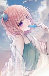 Rule 34 | 1girl, breasts, brown hair, cloud, day, eating, enomoto nao, food, hair ornament, holding, holding food, outdoors, popsicle, purple eyes, see-through, short hair, small breasts, solo, upper body