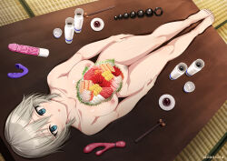 1girl :o anal_beads anastasia_(idolmaster) blue_eyes breasts choko_(cup) chopsticks collarbone completely_nude cup dutch_angle food_on_body food_on_breasts hair_between_eyes idolmaster idolmaster_cinderella_girls inoshira legs_together looking_at_viewer lying nipples nude nyotaimori pubic_hair pussy sakazuki sex_toy solo thighs vibrator