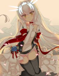 Rule 34 | 1girl, bare shoulders, black bow, black thighhighs, blue flower, blue gemstone, blue rose, blush, bow, brown eyes, choker, code: battle seraph (elsword), collarbone, dress, elsword, eve (elsword), flat chest, flower, frilled dress, frills, fujidouyuu, gem, gloves, halo, hand on own chest, head tilt, highres, jewelry, knees together feet apart, long hair, looking at viewer, parted lips, red bow, red ribbon, ribbon, rose, see-through, simple background, solo, striped, thigh gap, thighhighs, veil, very long hair, white dress, white gloves, white hair, yellow background, zettai ryouiki