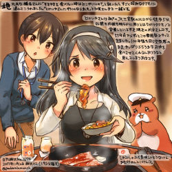 Rule 34 | 2girls, :d, admiral (kancolle), alternate costume, animal, black hair, blush, brown eyes, brown hair, chopsticks, collarbone, colored pencil (medium), commentary request, dated, food, hair between eyes, hamster, haruna (kancolle), holding, holding chopsticks, kaga (kancolle), kantai collection, kirisawa juuzou, long hair, long sleeves, multiple girls, non-human admiral (kancolle), numbered, open mouth, revision, short hair, side ponytail, smile, traditional media, translation request, triangle mouth, twitter username