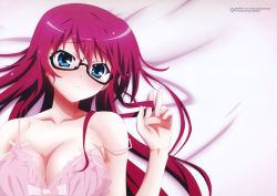 Rule 34 | 10s, 1girl, absurdres, bare shoulders, blue eyes, blush, bra, breasts, cleavage, glasses, grisaia (series), grisaia no kajitsu, highres, large breasts, long hair, looking at viewer, official art, playing with own hair, red hair, smile, solo, strap slip, suou amane, underwear