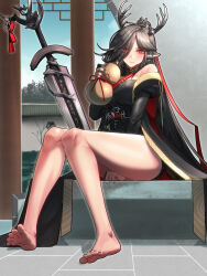 Rule 34 | 1girl, arknights, artist name, bare legs, bare shoulders, barefoot, belt, between legs, black belt, closed mouth, commentary request, dress, eyelashes, feet, full body, hair over one eye, hand between legs, highres, knees together feet apart, legs, long sleeves, looking at viewer, nail polish, outdoors, paid reward available, parted bangs, qiubai (arknights), red eyes, red ribbon, ribbon, shadow, shiny skin, short dress, signature, sitting, soles, solo, strapless, strapless dress, sword, thighs, tile floor, tiles, toenail polish, toenails, toes, weapon, yamauchi (conan-comy)