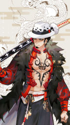 Rule 34 | 1boy, abs, bare pectorals, black hair, chest tattoo, chinese clothes, cowboy shot, dragon, dywx poison, earrings, eastern dragon, facial hair, goatee, hand tattoo, hat, holding, holding weapon, jewelry, katana, long sideburns, male focus, one piece, open clothes, pectorals, sheath, sheathed, sideburns, solo, sword, tattoo, trafalgar law, weapon