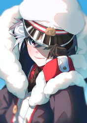 Rule 34 | 1boy, azusa (azunyan12), black necktie, blue background, blue eyes, blue hair, coat, collared shirt, curly hair, fur-trimmed coat, fur-trimmed sleeves, fur trim, hand on headwear, hand up, hat, hat over one eye, highres, hood, hood down, hooded coat, kaito (vocaloid), long sleeves, looking at viewer, male focus, multicolored hair, necktie, one eye covered, peaked cap, red shirt, shirt, short hair, smile, solo, streaked hair, vocaloid, white hair, white hat, yuki kaito