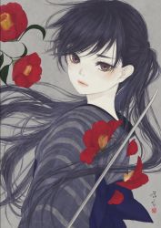 Rule 34 | 1girl, black hair, blue sash, brown eyes, camellia, closed mouth, commentary, cutting, floating hair, flower, from behind, from side, grey background, grey kimono, highres, japanese clothes, katana, kimono, leaf, long hair, looking at viewer, looking back, looking to the side, obi, original, petals, ponytail, red flower, sash, seal impression, signature, simple background, solo, straight hair, striped clothes, striped kimono, sword, upper body, ushiyama ame, weapon
