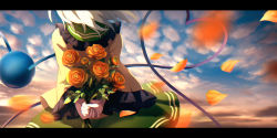Rule 34 | 1girl, arms behind back, blue sky, bouquet, cloud, collar, collared shirt, commentary request, dise (psychoro), falling leaves, flower, frilled collar, frilled sleeves, frills, from behind, green skirt, head out of frame, heart, heart of string, highres, komeiji koishi, leaf, letterboxed, light green hair, long sleeves, medium hair, outdoors, rose, shirt, skirt, sky, solo, third eye, touhou, wavy hair, wide sleeves, yellow shirt