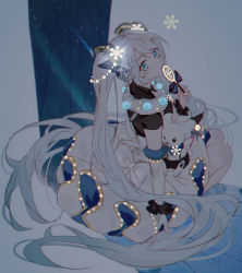 Rule 34 | 1girl, aqua eyes, blue bow, borrowed design, bow, bowtie, commentary, detached sleeves, dress, frilled dress, frills, from above, from behind, glowing, hair ornament, hair ribbon, hatsune miku, head tilt, highres, hitokoto, holding, holding wand, light smile, long hair, looking at viewer, looking back, rabbit, rabbit yukine, rainbow, ribbon, sitting, snowflake print, snowflakes, string of light bulbs, twintails, very long hair, vocaloid, wand, white dress, white hair, white sleeves, yuki miku, yuki miku (2021) (candidate no.5)