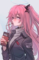 Rule 34 | 1girl, ambriel (arknights), arknights, black jacket, blush, eating, food, from side, grey background, grey shirt, hair ornament, hairclip, halo, hand up, highres, jacket, long hair, looking at viewer, mouth hold, pink hair, pocky, purple eyes, shino duka, shirt, side ponytail, simple background, solo, upper body
