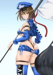 Rule 34 | 1girl, absurdres, ass, azur lane, baltimore (azur lane), baltimore (finish line flagbearer) (azur lane), bikini, black bikini, blue background, blue bikini, blue footwear, blue hat, blue jacket, blue shorts, blue sleeves, boots, breasts, brown hair, cleavage, clothes writing, commentary, cowboy shot, cropped jacket, detached sleeves, flag, from behind, fujibori, hair between eyes, hat, highleg, highleg bikini, highres, holding, holding pole, jacket, large breasts, looking at viewer, micro shorts, mismatched bikini, official alternate costume, parted lips, peaked cap, pole, race queen, short hair, shorts, sidelocks, simple background, single bare shoulder, single sleeve, skindentation, smile, solo, standing, swimsuit, thigh boots, thigh strap, yellow eyes
