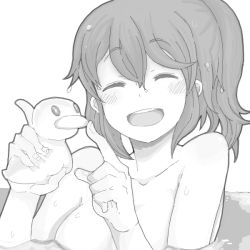Rule 34 | 1girl, blush, completely nude, closed eyes, greyscale, hirasawa yui, k-on!, kuzu kow, monochrome, nude, rubber duck, short hair, smile, solo, water
