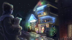Rule 34 | animal, cat, christmas, christmas lights, christmas tree, coat, fence, hat, highres, holding, holding animal, holding cat, hood, hood down, house, ladder, night, night sky, original, outdoors, picket fence, scenery, sky, snowing, togerat, wooden fence
