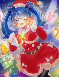 Rule 34 | 1girl, ;d, black thighhighs, blue angel, blue eyes, blue hair, box, dress, gift, gift box, hat, holding, holding gift, holding sack, looking at viewer, mo 0 06, one eye closed, open mouth, red dress, red hat, sack, santa dress, santa hat, smile, solo, thighhighs, twintails, yu-gi-oh!, yu-gi-oh! vrains, zaizen aoi