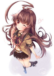 Rule 34 | 1girl, :p, ahoge, belt, black footwear, black skirt, blush, boots, brown eyes, brown hair, commentary request, from above, heart, highres, huge ahoge, kantai collection, ko yu, kuma (kancolle), long hair, midriff, navel, neck ribbon, one eye closed, perspective, pleated skirt, red ribbon, ribbon, sailor collar, sailor shirt, school uniform, serafuku, shirt, short sleeves, simple background, skirt, smile, solo, tongue, tongue out, v, white background