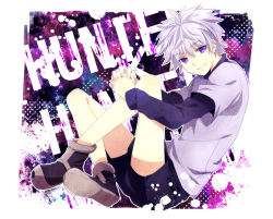 Rule 34 | 1boy, copyright name, own hands clasped, hunter x hunter, interlocked fingers, killua zoldyck, layered sleeves, long sleeves, male focus, own hands together, purple eyes, short hair, short over long sleeves, short sleeves, silver hair, solo, washi (micino)