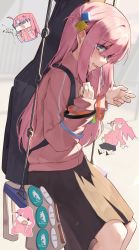 Rule 34 | 1girl, absurdres, black skirt, bocchi the rock!, cube hair ornament, gotoh hitori, hair ornament, highres, jacket, long sleeves, looking at viewer, pink hair, pink jacket, pomp (qhtjd0120), skirt, solo