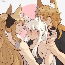 Rule 34 | 3girls, animal ears, arknights, black bow, black shirt, black sports bra, blemishine (arknights), blush, bow, closed mouth, commentary, dlanon, english commentary, girl sandwich, hair between eyes, hair bow, holding another&#039;s wrist, horse ears, horse girl, long hair, low ponytail, messy hair, multiple girls, nearl (arknights), parted lips, pink background, platinum (arknights), ponytail, sandwiched, shirt, short sleeves, sidelocks, simple background, sports bra, tank top, twitter username, two-tone background, upper body, white background, white tank top, yellow eyes, yuri