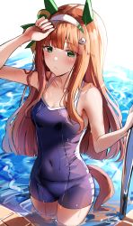 Rule 34 | 1girl, absurdres, animal ears, backlighting, bare shoulders, blue one-piece swimsuit, blush, breasts, collarbone, ear covers, green eyes, hairband, hand on own head, highres, horse ears, horse girl, horse tail, huge filesize, long hair, looking at viewer, medium breasts, one-piece swimsuit, orange hair, pool, poolside, sak (lemondisk), silence suzuka (umamusume), solo, swimsuit, tail, thighs, umamusume, water, wet