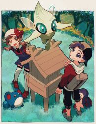 Rule 34 | 1boy, 1girl, animal ears, antennae, backwards hat, bag, baseball cap, black eyes, black hair, black hat, black pants, blue overalls, bow, brown eyes, brown hair, celebi, commentary, creatures (company), cyndaquil, ethan (pokemon), forest, from above, game freak, gen 2 pokemon, grass, green eyes, hat, hat bow, highres, ilex forest, jacket, leaning forward, legendary pokemon, long sleeves, looking back, looking up, lyra (pokemon), marill, medium hair, mikakami1e, mythical pokemon, nature, nintendo, open mouth, outdoors, overalls, pants, parted lips, pokemon, pokemon (creature), pokemon hgss, red bow, red footwear, red jacket, red ribbon, red shirt, ribbon, shirt, shoes, short hair, sweatdrop, thighhighs, tree, twintails, twitter username, white hat, white thighhighs, wings