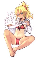 1girl bikini bikini_under_clothes blonde_hair breasts clothes_lift commentary_request fate/grand_order fate_(series) front-tie_bikini_top front-tie_top green_eyes halterneck highres mordred_(fate) mordred_(fate)_(all) mordred_(swimsuit_rider)_(fate) mordred_(swimsuit_rider)_(second_ascension)_(fate) nagy navel red_bikini sailor_collar sailor_shirt shirt shirt_lift small_breasts smile solo spread_legs swimsuit tan tanline translation_request