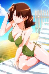 Rule 34 | 1girl, adjusting hair, beach chair, breasts, brown eyes, brown hair, covered erect nipples, covered navel, day, earrings, feet out of frame, green one-piece swimsuit, jewelry, kaori (super real mahjong), large breasts, lens flare, light rays, long hair, mole, mole under eye, non-web source, official art, on chair, one-piece swimsuit, outdoors, photoshop (medium), sitting, smile, solo, super real mahjong, swimsuit, tanaka ryou, yokozuwari