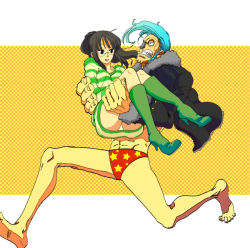 Rule 34 | 1boy, 1girl, barefoot, black hair, black jacket, blue hair, boots, breasts, carrying, clenched teeth, dress, feet, franky (one piece), fur, glasses, green footwear, high heel boots, high heels, jacket, karukaradon818, knee boots, long hair, long sleeves, looking at another, male swimwear, nervous, nico robin, one piece, one piece: strong world, open clothes, open jacket, panties, panty peek, pantyshot, princess carry, print male swimwear, print swim briefs, print swimsuit, red male swimwear, red swim briefs, running, shirt, short dress, star (symbol), star print, striped clothes, striped dress, striped shirt, striped sweater, sweater, sweater dress, swim briefs, swimsuit, teeth, toes, underwear, white panties