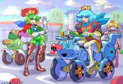Rule 34 | 1girl, 2boys, absurdres, androgynous, ascot, blonde hair, blue hair, bob cut, bodysuit, boots, cape, crown, earrings, eyelashes, full body, gloves, green hair, highres, jewelry, male focus, mario (series), mario kart, motor vehicle, multiple boys, nintendo, oomasa teikoku, open mouth, personification, prince, prince florian, prince haru, princess peach, puffy short sleeves, puffy sleeves, red cape, riding, short hair, short sleeves, standing, super mario bros.: peach-hime kyushutsu dai sakusen!, super mario bros. wonder, thigh boots, white gloves, worm, yellow eyes
