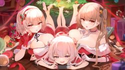 Rule 34 | + +, 3girls, 7gao, absurdres, azur lane, bare shoulders, barefoot, bell, blue eyes, bow, breasts, candy, candy cane, capelet, christmas, christmas present, christmas tree, collarbone, double bun, elbow gloves, fingerless gloves, food, formidable (azur lane), fur-trimmed capelet, fur-trimmed gloves, fur trim, gift, gloves, grey hair, hair bell, hair bow, hair bun, hair ornament, hair ribbon, hairband, highres, indoors, jingle bell, large breasts, le malin (azur lane), long hair, lying, manjuu (azur lane), multiple girls, narrowed eyes, nintendo switch, on stomach, open mouth, playing games, red capelet, red eyes, red gloves, ribbon, short hair, sirius (azur lane), skindentation, smile, sweatdrop, tearing up, the pose, tongue, tongue out, twintails, very long hair, white gloves