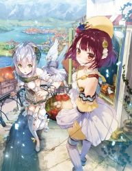 Rule 34 | 2girls, atelier (series), atelier sophie, bird, breasts, brown eyes, building, covered navel, detached sleeves, dove, dress, female focus, flower, garter straps, gloves, green eyes, hair between eyes, hair flower, hair ornament, hat, jewelry, looking at viewer, medium breasts, multiple girls, necklace, noco (adamas), official art, outdoors, plachta, purple hair, scenery, short hair, small breasts, smile, sophie neuenmuller, standing, standing on one leg, symbol-shaped pupils, thighhighs, white legwear, yuugen