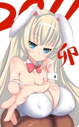 Rule 34 | 10s, 1girl, 2011, animal ears, bare shoulders, blonde hair, blue eyes, breasts, chinese zodiac, female focus, highres, huge breasts, long hair, naughty face, new year, oedo x, pantyhose, rabbit (chinese zodiac), rabbit ears, rabbit girl, sagging breasts, simple background, sitting, solo, white background, white hair
