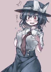 Rule 34 | 1girl, ^^^, absurdres, between breasts, black hair, black hat, black skirt, blush, bow, breasts, brown background, brown eyes, brown necktie, collared shirt, fang, hands on own chest, hat, hat bow, highres, large breasts, muraryo, necktie, necktie between breasts, open mouth, popped button, shirt, short hair, short sleeves, simple background, skirt, solo, sweat, touhou, usami renko, wardrobe malfunction, white bow, white shirt