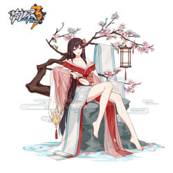 Rule 34 | 1girl, absurdres, bare legs, barefoot, breasts, brown hair, character request, chinese clothes, flower, hair ornament, highres, holding, honkai (series), jewelry, lantern, long hair, long sleeves, nail polish, official art, red nails, scroll, sitting, smile, solo, table, toenail polish, toenails
