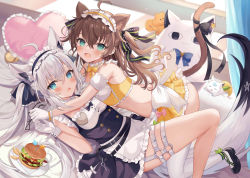 Rule 34 | 2girls, :d, ahoge, alternate costume, animal ear fluff, animal ears, apron, armpit crease, bare arms, bare shoulders, black dress, blue eyes, brown hair, burger, cat ears, cat girl, cat tail, crop top, detached collar, detached sleeves, dress, enmaided, food, frilled dress, frilled skirt, frills, gloves, highres, hololive, long hair, looking at viewer, maid, maid apron, maid headdress, midriff, miniskirt, multiple girls, natsuiro matsuri, navel, open mouth, panties, retsuto, revealing clothes, shirakami fubuki, shirt, short dress, skirt, sleeveless, sleeveless dress, smile, stomach, tail, thigh strap, thighs, twintails, two side up, underwear, virtual youtuber, waist apron, white gloves, white hair, white panties, yellow shirt, yellow skirt