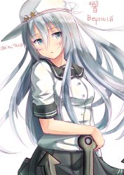 Rule 34 | 10s, 1girl, anchor, arm behind back, blush, character name, cowboy shot, grey eyes, hammer and sickle, hat, hibiki (kancolle), highres, ichikawa feesu, kantai collection, short sleeves, silver hair, simple background, solo, star (symbol), twitter username, verniy (kancolle), white background