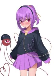 Rule 34 | 1girl, absurdres, adapted costume, alternate hairstyle, arms at sides, black hairband, black hoodie, blush, clothes writing, commentary request, crossed bangs, eyes visible through hair, frown, hair between eyes, hairband, heart, heart of string, highres, hood, hood down, hoodie, kirisame oreo, komeiji satori, looking at viewer, medium hair, miniskirt, neck ribbon, open mouth, pink eyes, pleated skirt, ponytail, purple skirt, ribbon, simple background, skirt, sleeves past wrists, solo, star-shaped pupils, star (symbol), sweatdrop, symbol-shaped pupils, third eye, touhou, white background, yellow ribbon