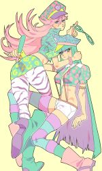Rule 34 | 10s, 2girls, alternate costume, alternate hair color, animal print, armband, arutera, bad id, bad pixiv id, badge, blue eyes, blunt bangs, boots, bracelet, crop top, cuffs, green hair, handcuffs, hat, highres, hip bones, jewelry, leaning, long hair, looking at viewer, midriff, miniskirt, multicolored hair, multiple girls, necktie, panty &amp; stocking with garterbelt, panty (psg), pastels, pink hair, police hat, puffy sleeves, shorts, skirt, spiked bracelet, spikes, stocking (psg), striped legwear, suspenders, thighhighs, two-tone hair, yellow background