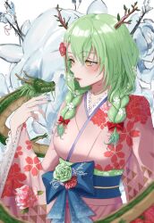 Rule 34 | 1girl, antlers, blue nails, blush, bow, branch, ceres fauna, chinese zodiac, dragon, dragon horns, flower, green flower, green hair, hair bow, hair flower, hair ornament, highres, hololive, hololive english, horns, japanese clothes, kimono, leaf, long hair, looking to the side, applying manicure, nail polish, obi, pink flower, red flower, redmaryy, sash, tree horns, twintails, virtual youtuber, year of the dragon, yellow eyes, yukata