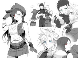 Rule 34 | 1girl, 2boys, ?, armor, bare shoulders, belt, black hair, blonde hair, blood, blue eyes, blush, breasts, buster sword, cleavage, cloud strife, cowboy hat, cowboy shot, cowgirl (western), crisis core final fantasy vii, crop top, duoj ji, earrings, embarrassed, final fantasy, final fantasy vii, final fantasy vii remake, gloves, greyscale, hat, highres, holding, jewelry, large breasts, long hair, midriff, monochrome, multiple boys, navel, nibelheim, nosebleed, partially colored, red eyes, shinra infantry uniform, shoulder armor, skirt, sleeveless, sleeveless turtleneck, spiked hair, square enix, sweater, tifa lockhart, tifa lockhart (cowgirl), turtleneck, turtleneck sweater, vest, weapon, weapon on back, white background, zack fair
