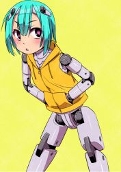 Rule 34 | 1girl, android, aqua hair, commentary request, flat chest, hands in pockets, hood, hood down, hoodie, joints, looking at viewer, original, pink eyes, robot joints, short hair, simple background, sleeveless, solo, tommy region, yellow background