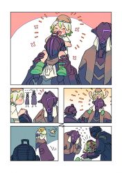 Rule 34 | 1girl, 2boys, bad id, bad pixiv id, bondrewd, comic, crying, helmet, injury, jacket, made in abyss, meinya (made in abyss), multicolored hair, multiple boys, open mouth, prushka, saiko67, short hair, silent comic, simple background, size difference, whistle