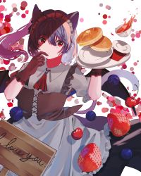 Rule 34 | 1girl, absurdres, alternate costume, alternate hairstyle, animal ears, apron, arm up, ascot, berry, black skirt, blueberry, blush, brown gloves, buttons, cat ears, cat tail, cherry, closed mouth, collared shirt, english text, food, frills, fruit, gem, gloves, grey apron, grey shirt, hair between eyes, hands up, highres, jewelry, lei (knfz7274), looking to the side, maid, maid headdress, pancake, ponytail, puffy short sleeves, puffy sleeves, purple hair, red ascot, red eyes, remilia scarlet, shirt, short hair, short sleeves, simple background, skirt, solo, strawberry, tail, touhou, tray, white background