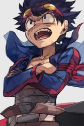 Rule 34 | 1boy, angry, bandages, belt, black eyes, blue hair, cowboy shot, crossed arms, goggles, grey background, hungry clicker, male focus, open mouth, serious, simon (ttgl), solo, tengen toppa gurren lagann, topless male