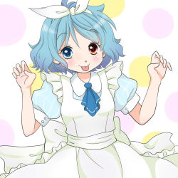 Rule 34 | 1girl, alice (alice in wonderland), alice (alice in wonderland) (cosplay), alice in wonderland, alternate costume, apron, blue hair, blush, commentary request, cosplay, hair ribbon, heterochromia, puffy short sleeves, puffy sleeves, ribbon, short hair, short sleeves, solo, tatara kogasa, tongue, tongue out, touhou, yuzuna99