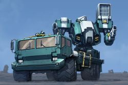 Rule 34 | blue eyes, cannon, commentary, english commentary, highres, ksenolog, looking up, mecha, military truck, military vehicle, missile pod, motor vehicle, no humans, original, robot, science fiction, truck, vehicle focus, wheel